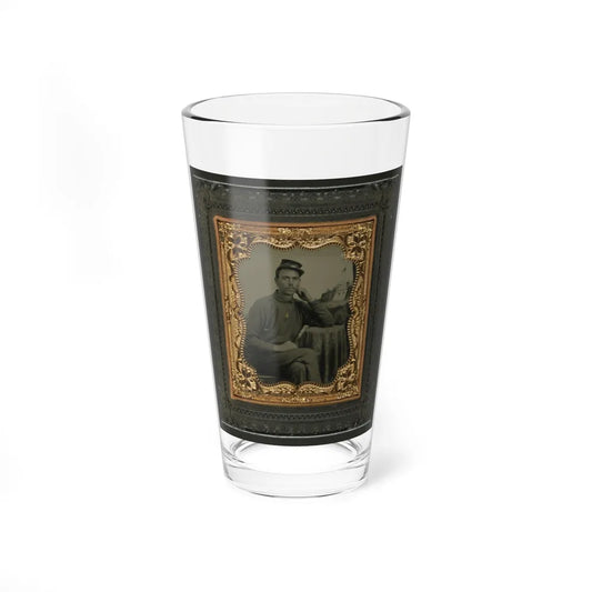 Unidentified Soldier In Union Uniform Next To Draped Table In Front Of Painted Backdrop Showing Fort Scene (U.S. Civil War) Pint Glass 16oz-16oz-Go Mug Yourself