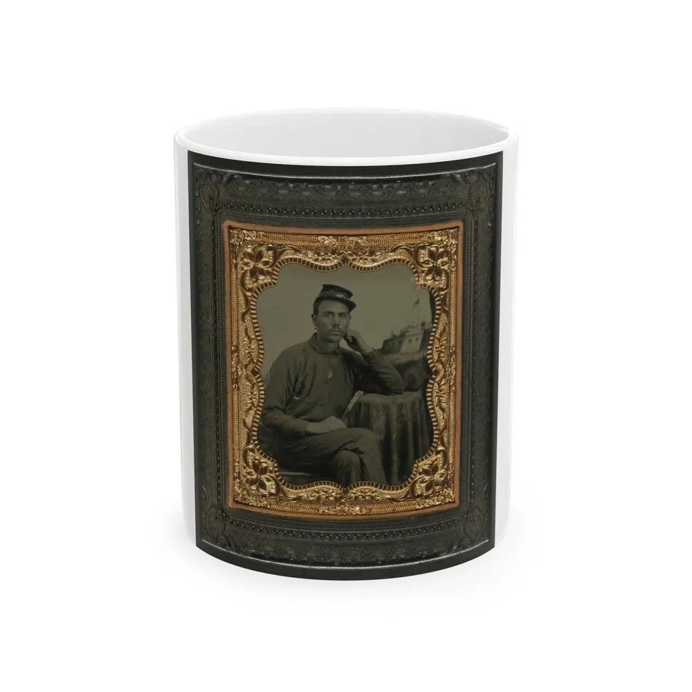 Unidentified Soldier In Union Uniform Next To Draped Table In Front Of Painted Backdrop Showing Fort Scene (U.S. Civil War) White Coffee Mug-11oz-Go Mug Yourself