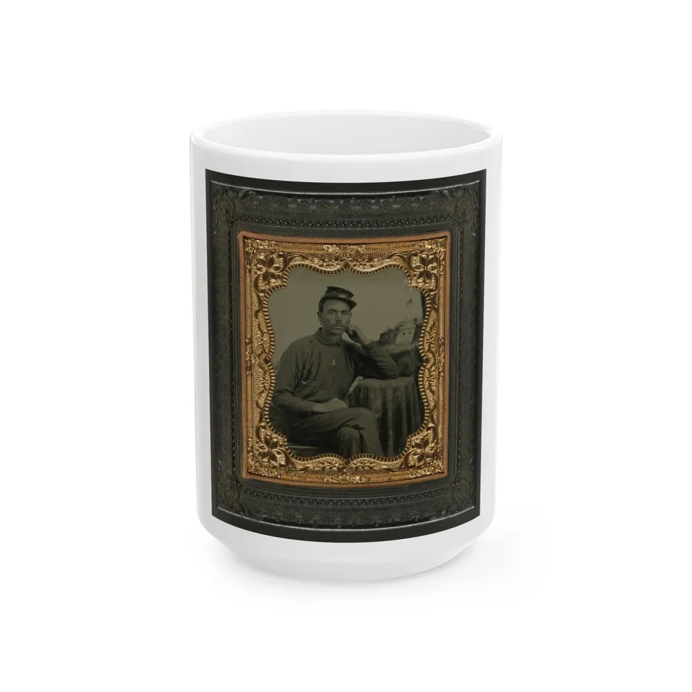 Unidentified Soldier In Union Uniform Next To Draped Table In Front Of Painted Backdrop Showing Fort Scene (U.S. Civil War) White Coffee Mug-15oz-Go Mug Yourself