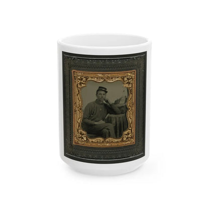 Unidentified Soldier In Union Uniform Next To Draped Table In Front Of Painted Backdrop Showing Fort Scene (U.S. Civil War) White Coffee Mug-15oz-Go Mug Yourself