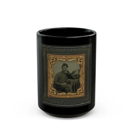 Unidentified Soldier In Union Uniform Next To Draped Table In Front Of Painted Backdrop Showing Fort Scene (U.S. Civil War) Black Coffee Mug 15oz - Go Mug Yourself