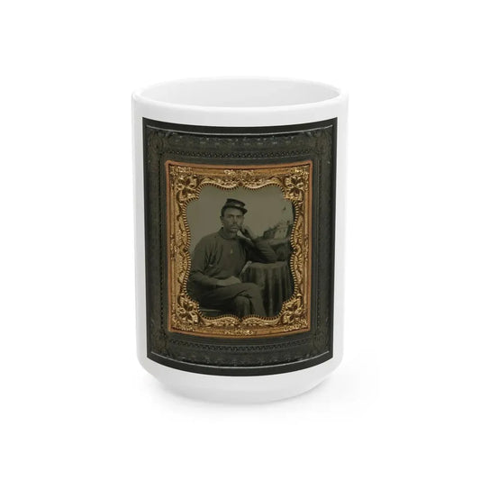 Unidentified Soldier In Union Uniform Next To Draped Table In Front Of Painted Backdrop Showing Fort Scene (U.S. Civil War) White Coffee Mug 15oz - Go Mug Yourself