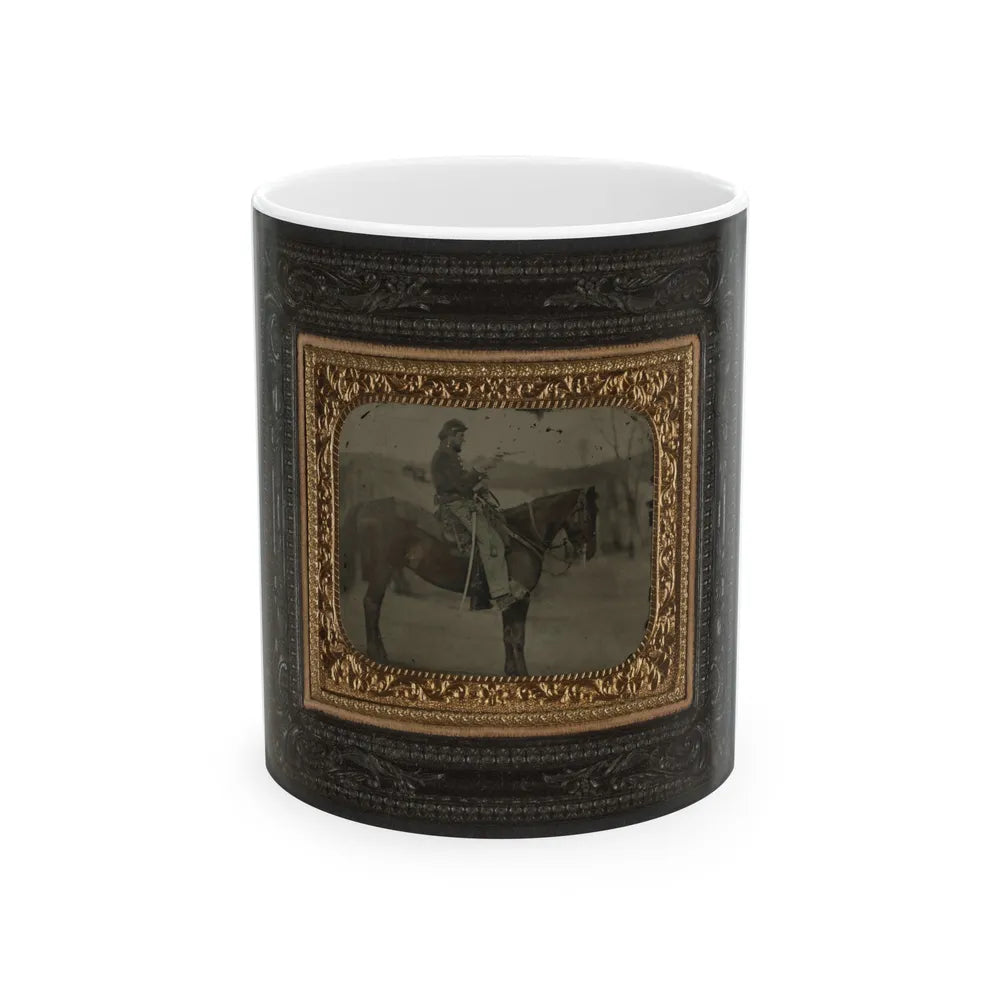 Unidentified Soldier In Union Uniform Sitting On Horse With Revolver And Saber (U.S. Civil War) White Coffee Mug-11oz-Go Mug Yourself