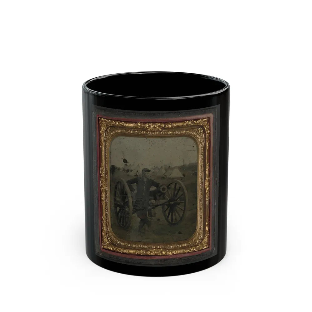 Unidentified Soldier In Union Uniform Standing With Napoleon Cannon In Front Of Encampment (U.S. Civil War) Black Coffee Mug-11oz-Go Mug Yourself