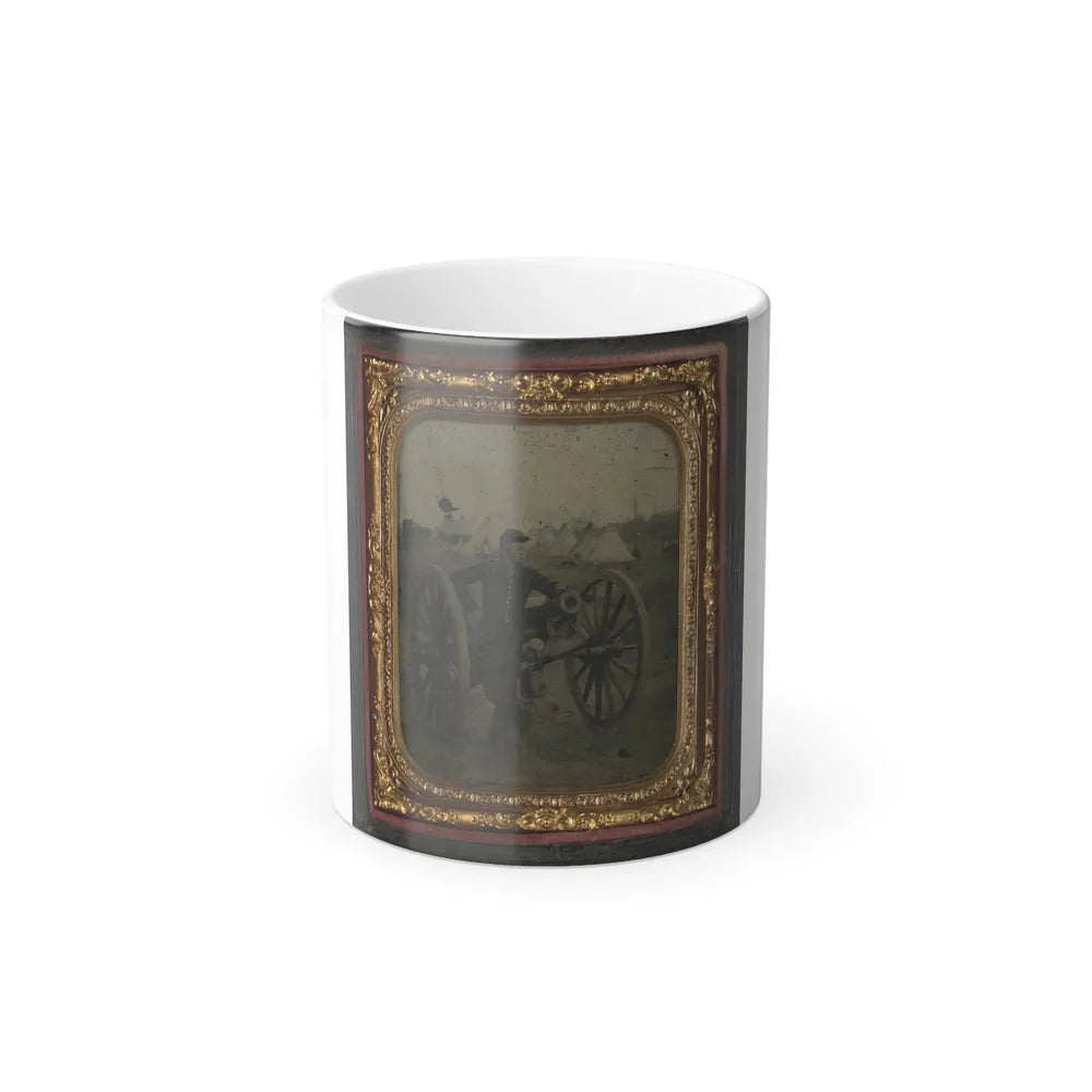 Unidentified Soldier in Union Uniform Standing With Napoleon Cannon in Front of Encampment (U.S. Civil War) Color Changing Coffee Mug 11oz-11oz-Go Mug Yourself