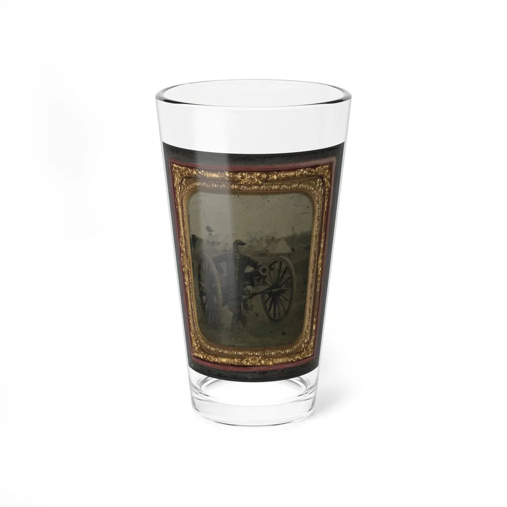 Unidentified Soldier In Union Uniform Standing With Napoleon Cannon In Front Of Encampment (U.S. Civil War) Pint Glass 16oz-16oz-Go Mug Yourself