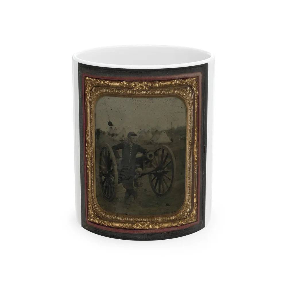 Unidentified Soldier In Union Uniform Standing With Napoleon Cannon In Front Of Encampment (U.S. Civil War) White Coffee Mug-11oz-Go Mug Yourself