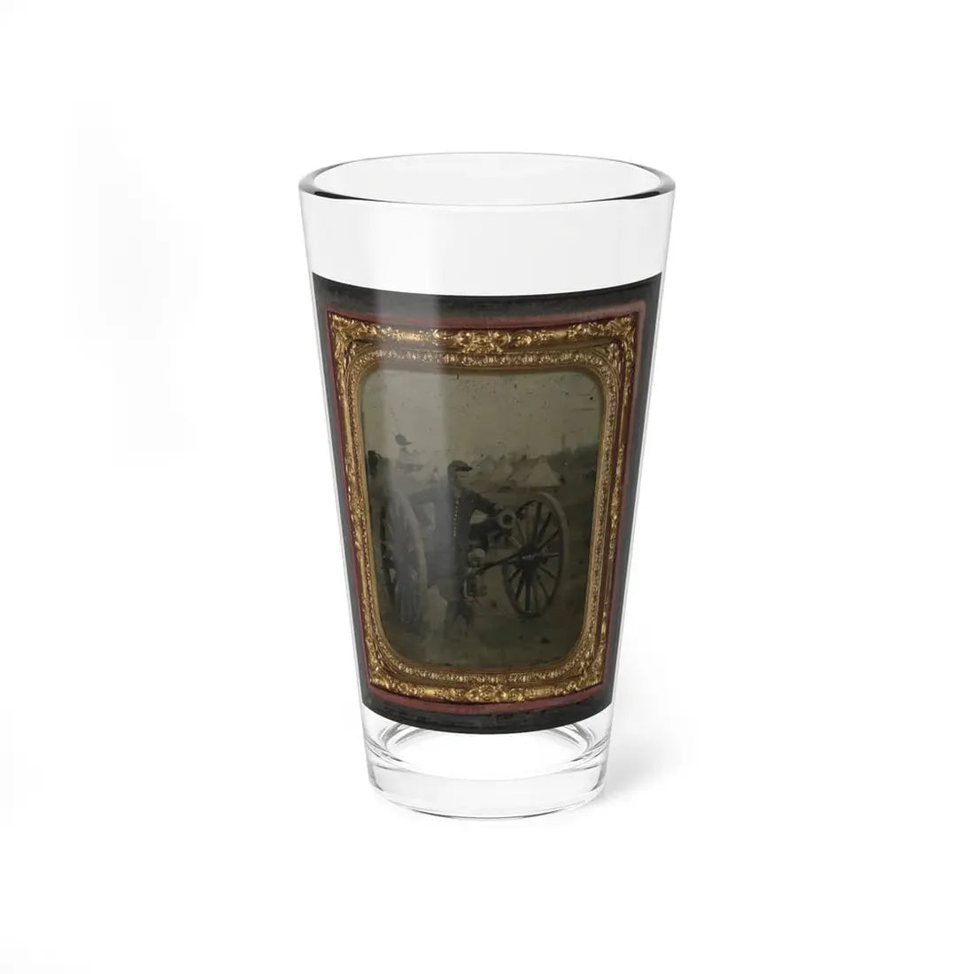 Unidentified Soldier In Union Uniform Standing With Napoleon Cannon In Front Of Encampment (U.S. Civil War) Pint Glass 16oz 16oz - Go Mug Yourself