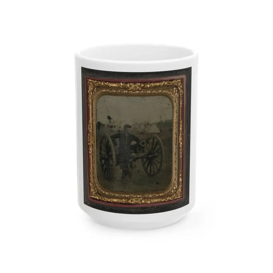 Unidentified Soldier In Union Uniform Standing With Napoleon Cannon In Front Of Encampment (U.S. Civil War) White Coffee Mug 15oz - Go Mug Yourself