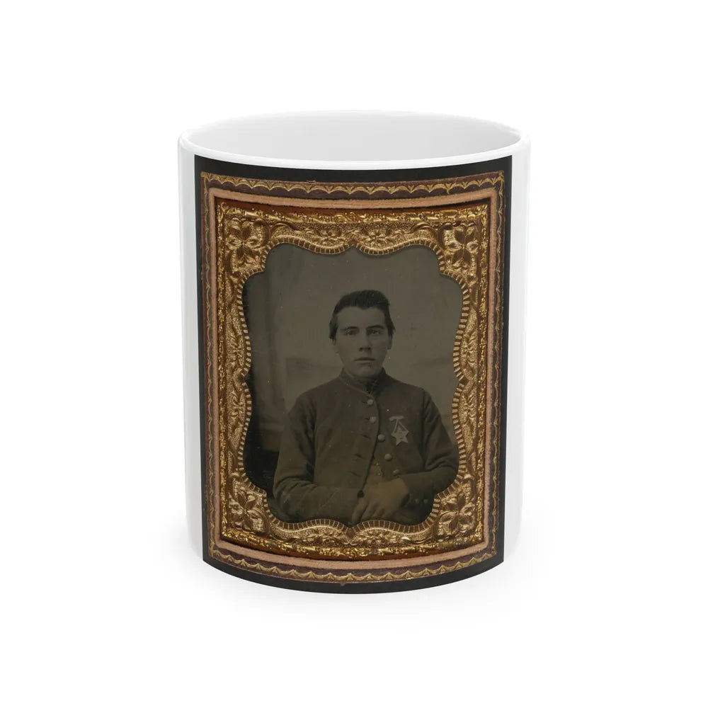 Unidentified Soldier In Union Uniform With 28th Pennsylvania Badge In Front Of Painted Backdrop Showing Window (U.S. Civil War) White Coffee Mug-11oz-Go Mug Yourself