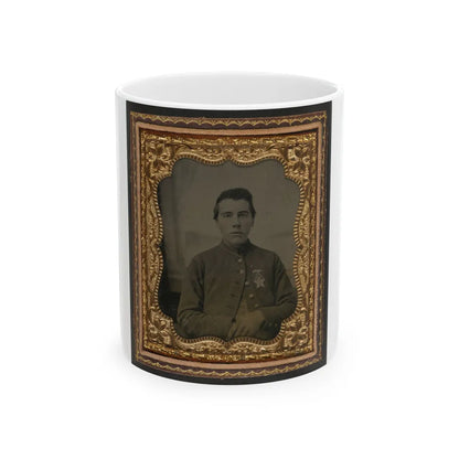 Unidentified Soldier In Union Uniform With 28th Pennsylvania Badge In Front Of Painted Backdrop Showing Window (U.S. Civil War) White Coffee Mug-11oz-Go Mug Yourself