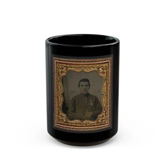 Unidentified Soldier In Union Uniform With 28th Pennsylvania Badge In Front Of Painted Backdrop Showing Window (U.S. Civil War) Black Coffee Mug 15oz - Go Mug Yourself