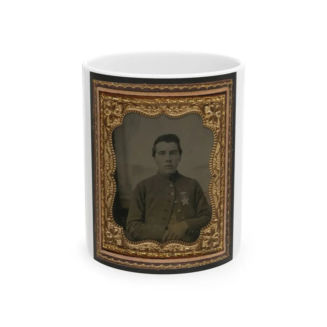 Unidentified Soldier In Union Uniform With 28th Pennsylvania Badge In Front Of Painted Backdrop Showing Window (U.S. Civil War) White Coffee Mug 11oz - Go Mug Yourself