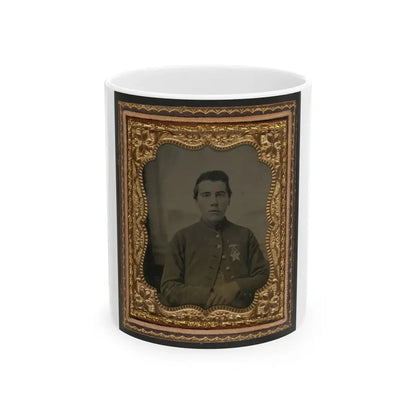 Unidentified Soldier In Union Uniform With 28th Pennsylvania Badge In Front Of Painted Backdrop Showing Window (U.S. Civil War) White Coffee Mug 11oz - Go Mug Yourself