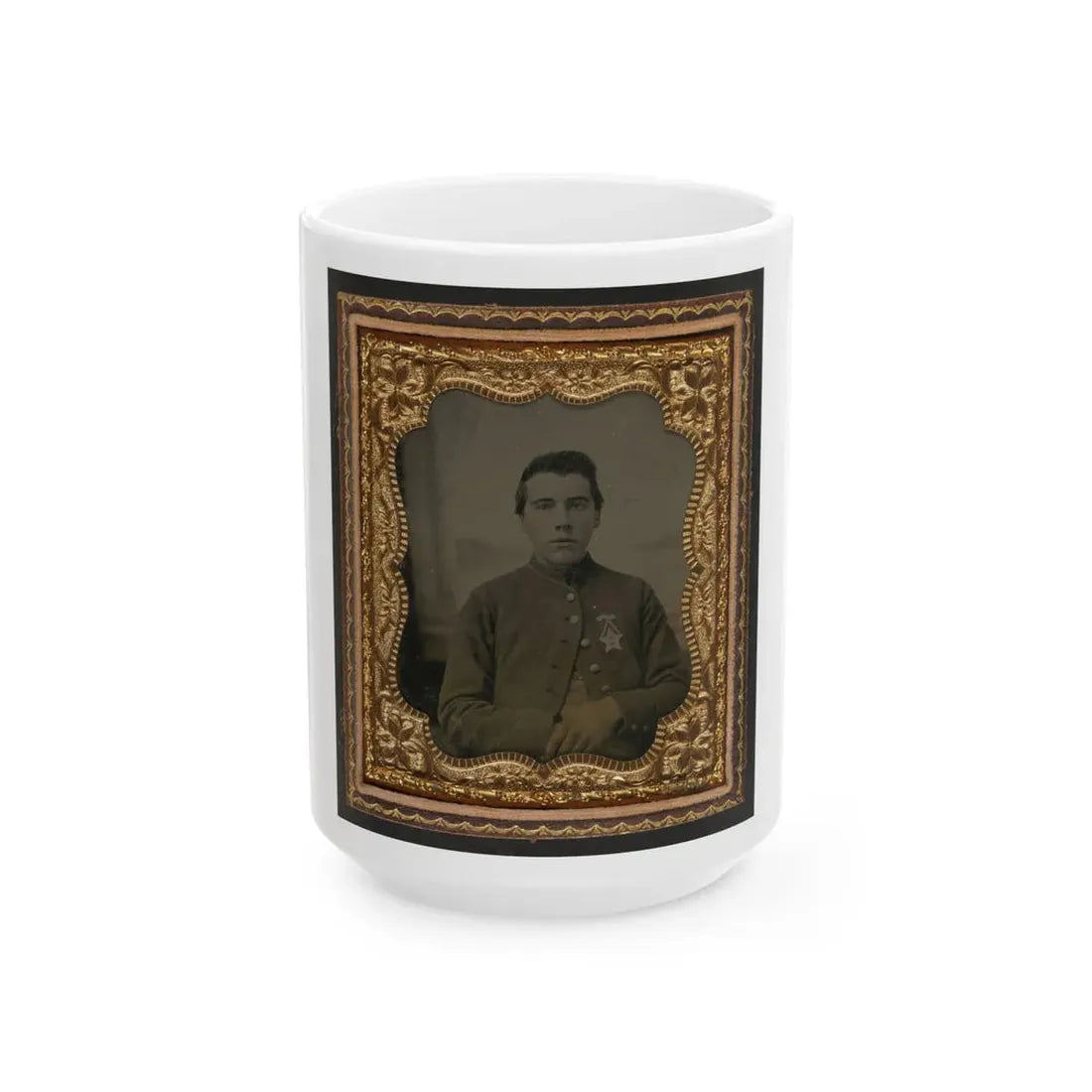Unidentified Soldier In Union Uniform With 28th Pennsylvania Badge In Front Of Painted Backdrop Showing Window (U.S. Civil War) White Coffee Mug 15oz - Go Mug Yourself