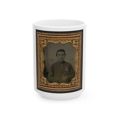 Unidentified Soldier In Union Uniform With 28th Pennsylvania Badge In Front Of Painted Backdrop Showing Window (U.S. Civil War) White Coffee Mug 15oz - Go Mug Yourself