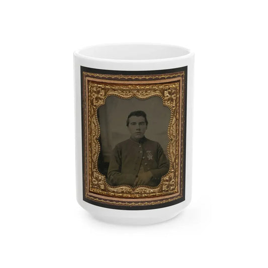 Unidentified Soldier In Union Uniform With 28th Pennsylvania Badge In Front Of Painted Backdrop Showing Window (U.S. Civil War) White Coffee Mug 15oz - Go Mug Yourself