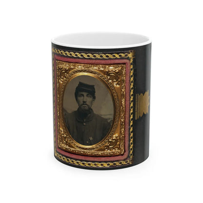 Unidentified Soldier In Union Uniform With 6th Corps Badge In Front Of Painted Backdrop Showing Landscape 001 (U.S. Civil War) White Coffee Mug-11oz-Go Mug Yourself