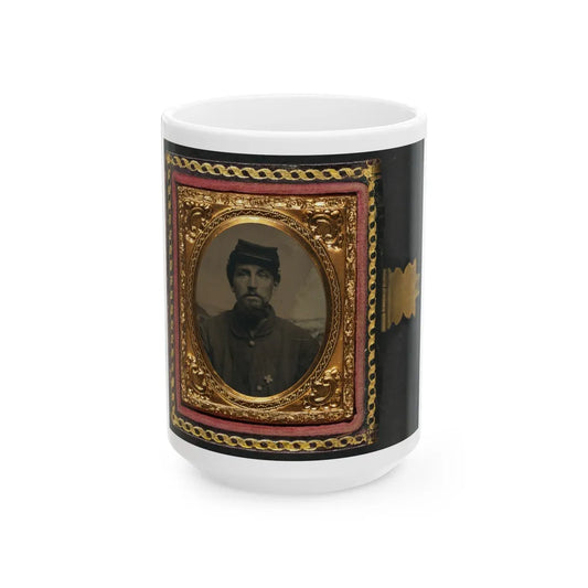 Unidentified Soldier In Union Uniform With 6th Corps Badge In Front Of Painted Backdrop Showing Landscape 001 (U.S. Civil War) White Coffee Mug-15oz-Go Mug Yourself