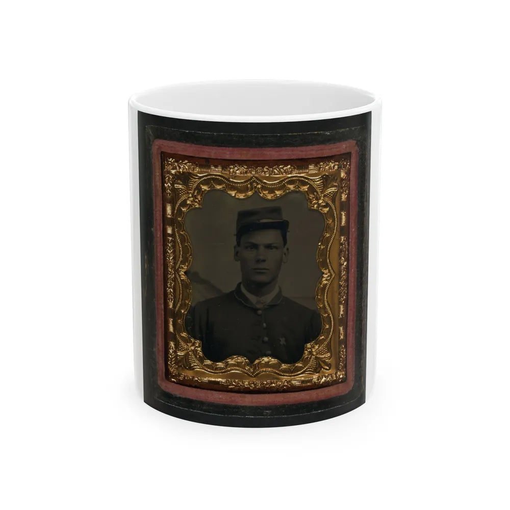 Unidentified Soldier In Union Uniform With 6th Corps Badge In Front Of Painted Backdrop Showing Landscape (U.S. Civil War) White Coffee Mug-11oz-Go Mug Yourself