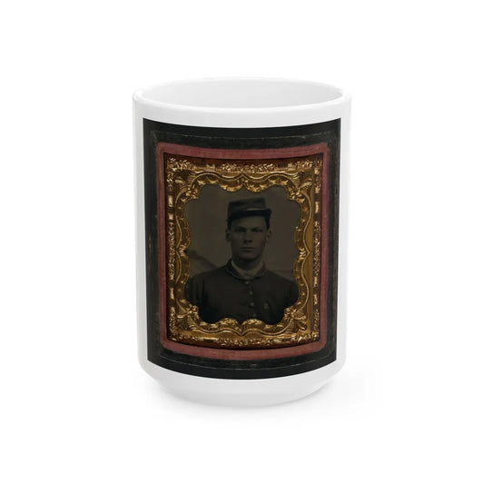 Unidentified Soldier In Union Uniform With 6th Corps Badge In Front Of Painted Backdrop Showing Landscape (U.S. Civil War) White Coffee Mug-15oz-Go Mug Yourself