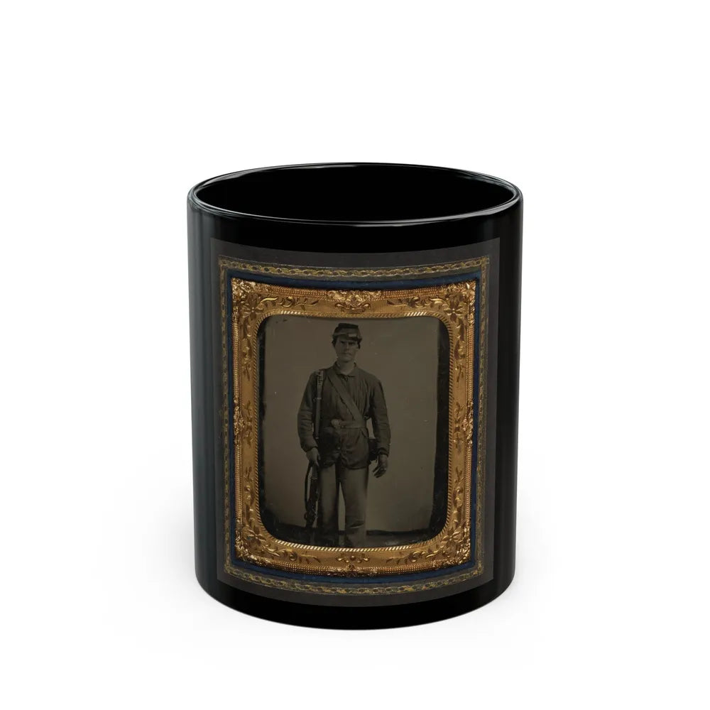 Unidentified Soldier In Union Uniform With Bayoneted Musket And Cartridge Box In Front Of Canvas Backdrop (U.S. Civil War) Black Coffee Mug-11oz-Go Mug Yourself