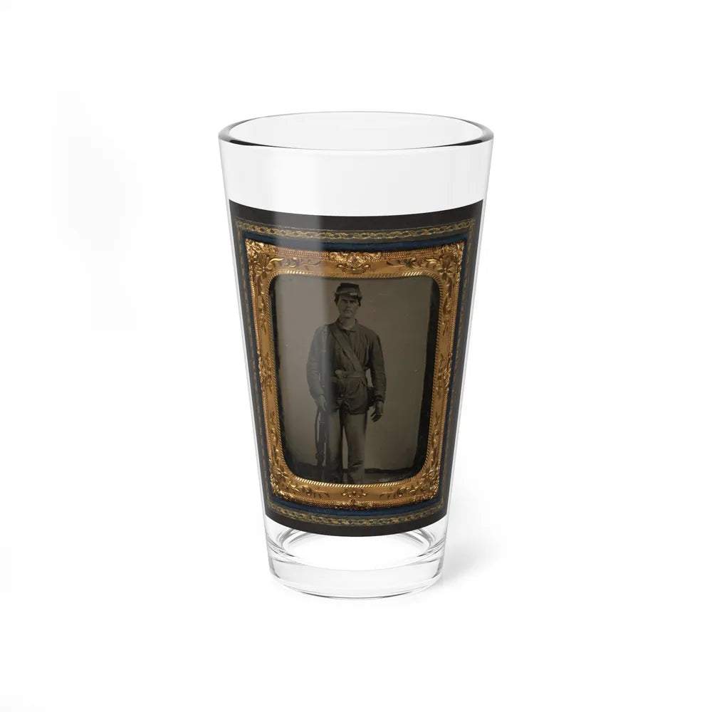 Unidentified Soldier In Union Uniform With Bayoneted Musket And Cartridge Box In Front Of Canvas Backdrop (U.S. Civil War) Pint Glass 16oz-16oz-Go Mug Yourself