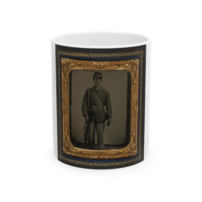 Unidentified Soldier In Union Uniform With Bayoneted Musket And Cartridge Box In Front Of Canvas Backdrop (U.S. Civil War) White Coffee Mug-11oz-Go Mug Yourself