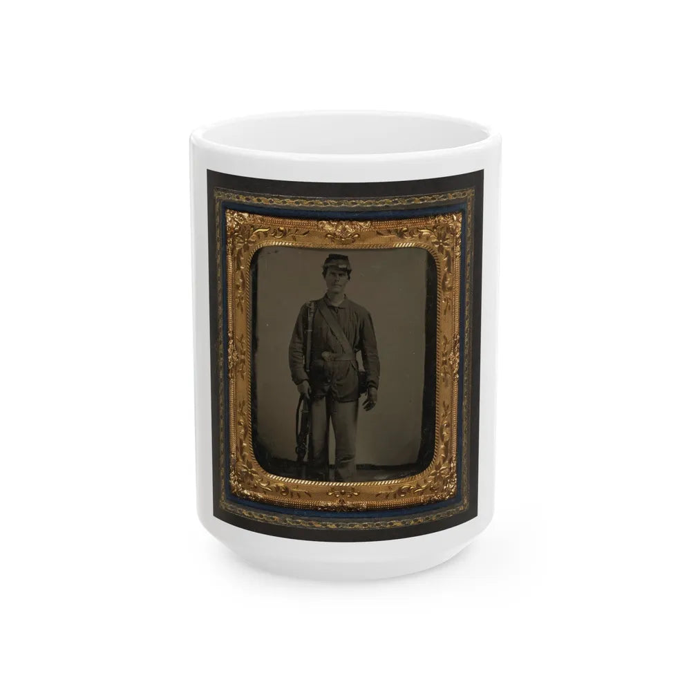 Unidentified Soldier In Union Uniform With Bayoneted Musket And Cartridge Box In Front Of Canvas Backdrop (U.S. Civil War) White Coffee Mug-15oz-Go Mug Yourself