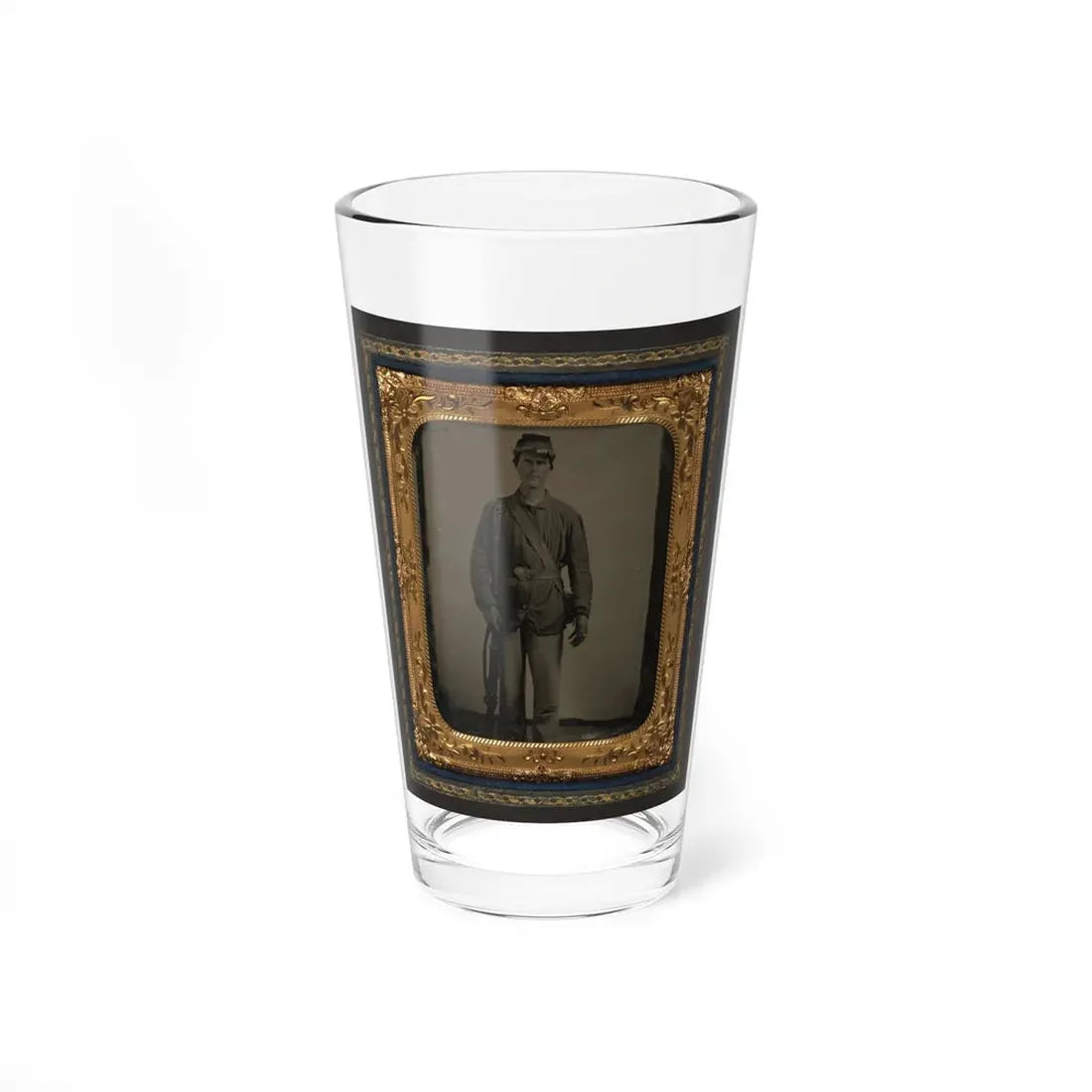 Unidentified Soldier In Union Uniform With Bayoneted Musket And Cartridge Box In Front Of Canvas Backdrop (U.S. Civil War) Pint Glass 16oz 16oz - Go Mug Yourself