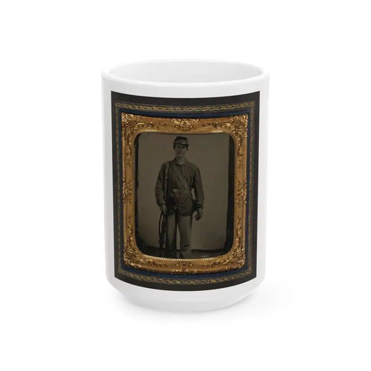 Unidentified Soldier In Union Uniform With Bayoneted Musket And Cartridge Box In Front Of Canvas Backdrop (U.S. Civil War) White Coffee Mug 15oz - Go Mug Yourself