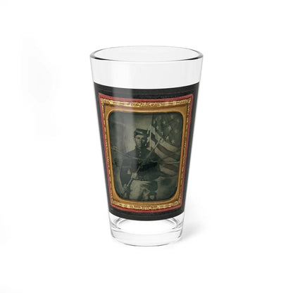 Unidentified Soldier In Union Uniform With Bayoneted Musket In Front Of American Flag (U.S. Civil War) Pint Glass 16oz-16oz-Go Mug Yourself