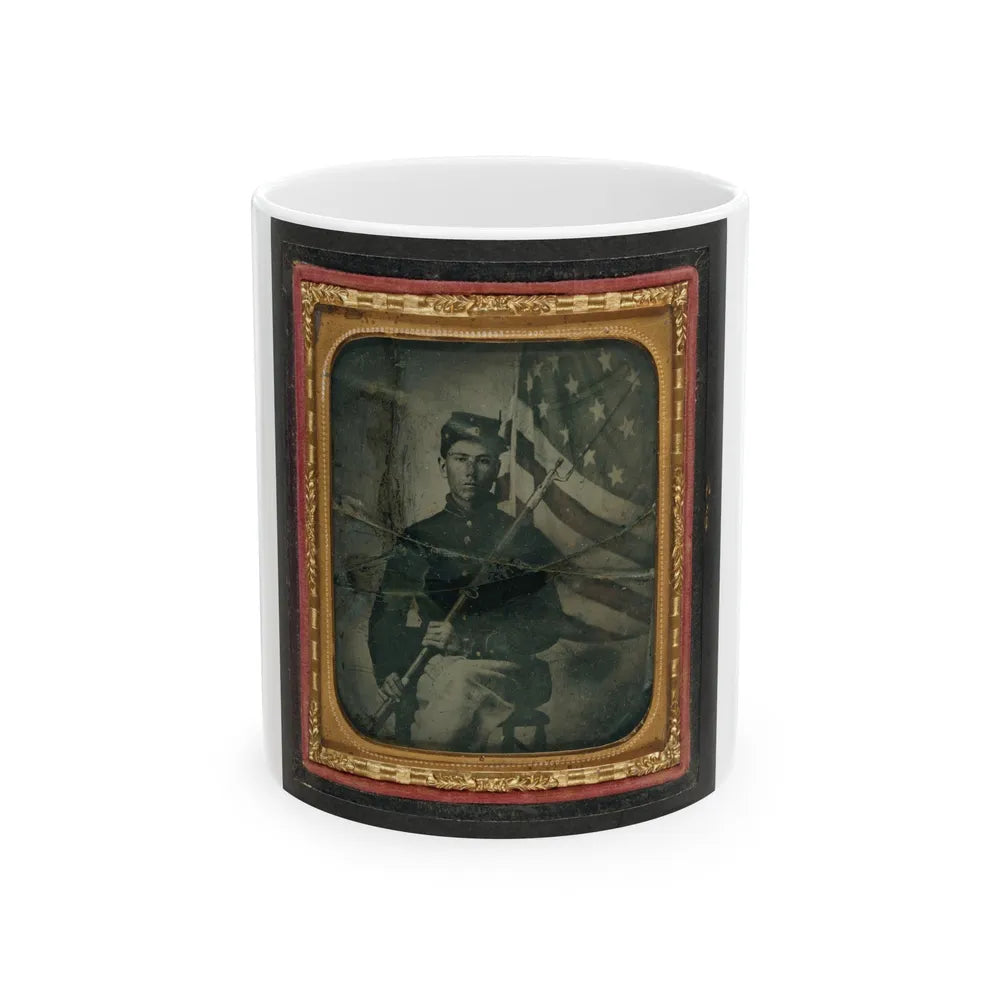 Unidentified Soldier In Union Uniform With Bayoneted Musket In Front Of American Flag (U.S. Civil War) White Coffee Mug-11oz-Go Mug Yourself