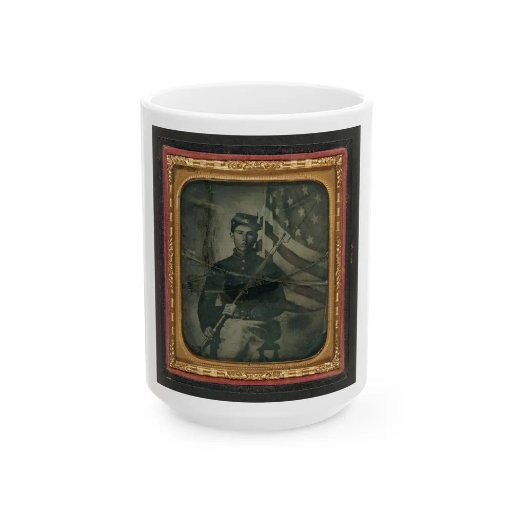 Unidentified Soldier In Union Uniform With Bayoneted Musket In Front Of American Flag (U.S. Civil War) White Coffee Mug-15oz-Go Mug Yourself