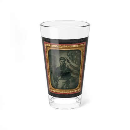 Unidentified Soldier In Union Uniform With Bayoneted Musket In Front Of American Flag (U.S. Civil War) Pint Glass 16oz 16oz - Go Mug Yourself