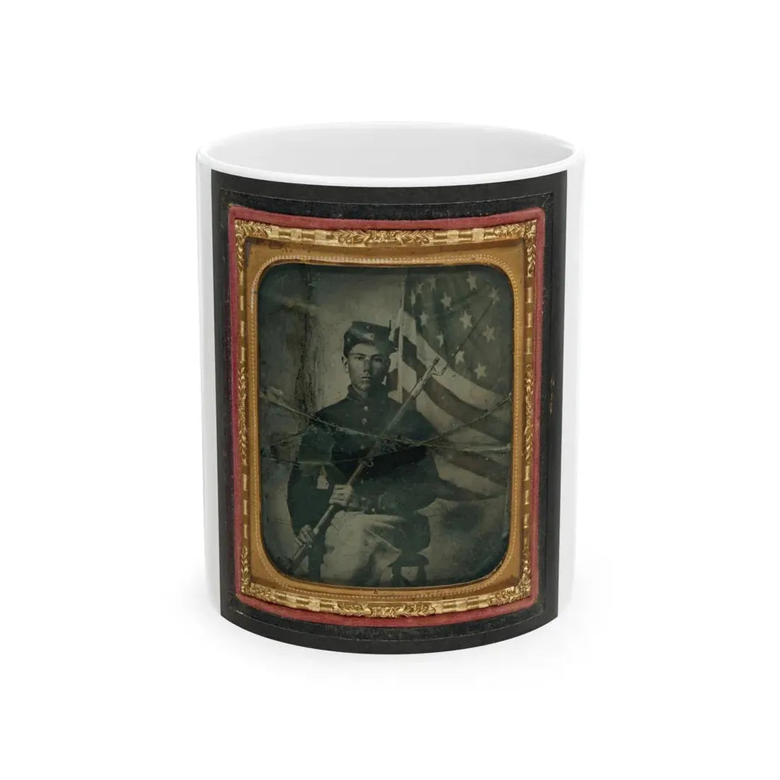 Unidentified Soldier In Union Uniform With Bayoneted Musket In Front Of American Flag (U.S. Civil War) White Coffee Mug 11oz - Go Mug Yourself