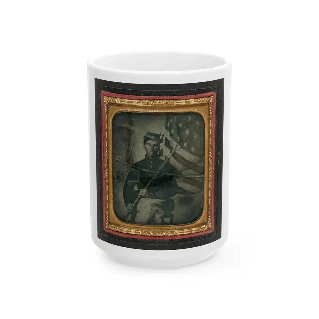 Unidentified Soldier In Union Uniform With Bayoneted Musket In Front Of American Flag (U.S. Civil War) White Coffee Mug 15oz - Go Mug Yourself
