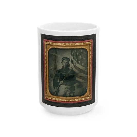 Unidentified Soldier In Union Uniform With Bayoneted Musket In Front Of American Flag (U.S. Civil War) White Coffee Mug 15oz - Go Mug Yourself