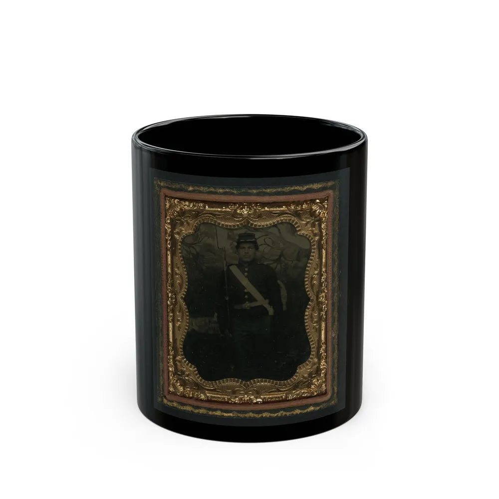 Unidentified Soldier In Union Uniform With Bayoneted Musket In Front Of Painted Backdrop Showing Trees (U.S. Civil War) Black Coffee Mug-11oz-Go Mug Yourself