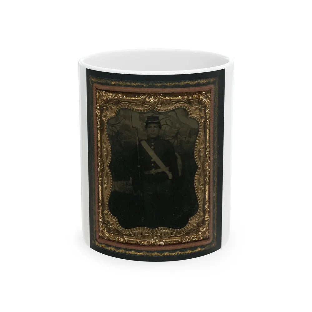 Unidentified Soldier In Union Uniform With Bayoneted Musket In Front Of Painted Backdrop Showing Trees (U.S. Civil War) White Coffee Mug-11oz-Go Mug Yourself