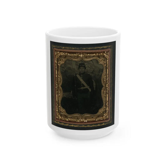 Unidentified Soldier In Union Uniform With Bayoneted Musket In Front Of Painted Backdrop Showing Trees (U.S. Civil War) White Coffee Mug-15oz-Go Mug Yourself