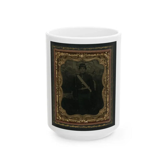 Unidentified Soldier In Union Uniform With Bayoneted Musket In Front Of Painted Backdrop Showing Trees (U.S. Civil War) White Coffee Mug 15oz - Go Mug Yourself