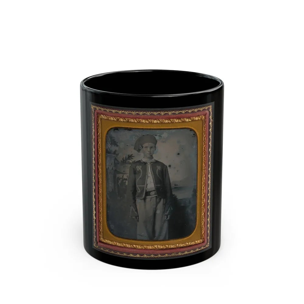 Unidentified Young Soldier In Union Zouave Uniform In Front Of Painted Backdrop Showing A Pavillion At The Edge Of A Lake (U.S. Civil War) Black Coffee Mug-11oz-Go Mug Yourself