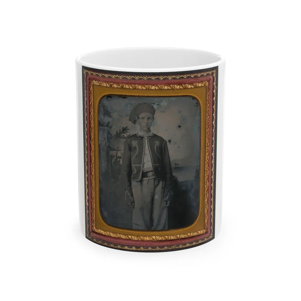 Unidentified Young Soldier In Union Zouave Uniform In Front Of Painted Backdrop Showing A Pavillion At The Edge Of A Lake (U.S. Civil War) White Coffee Mug-11oz-Go Mug Yourself