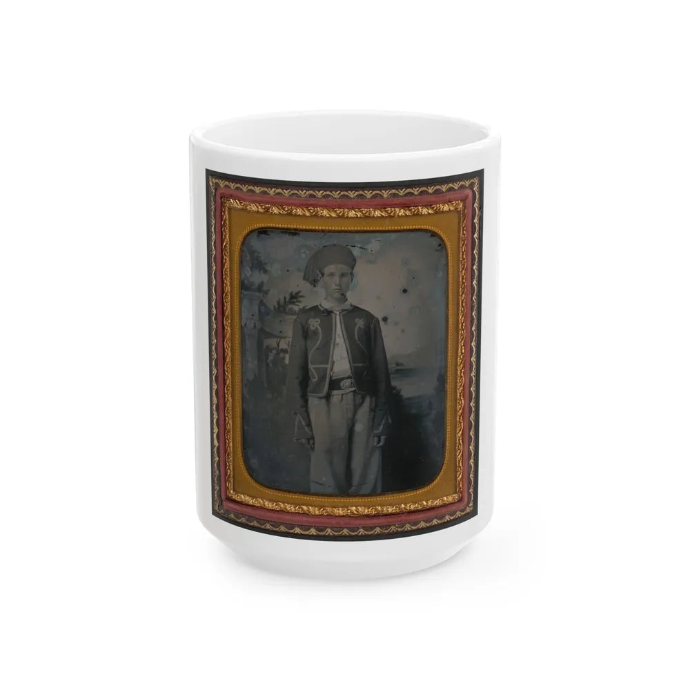 Unidentified Young Soldier In Union Zouave Uniform In Front Of Painted Backdrop Showing A Pavillion At The Edge Of A Lake (U.S. Civil War) White Coffee Mug-15oz-Go Mug Yourself