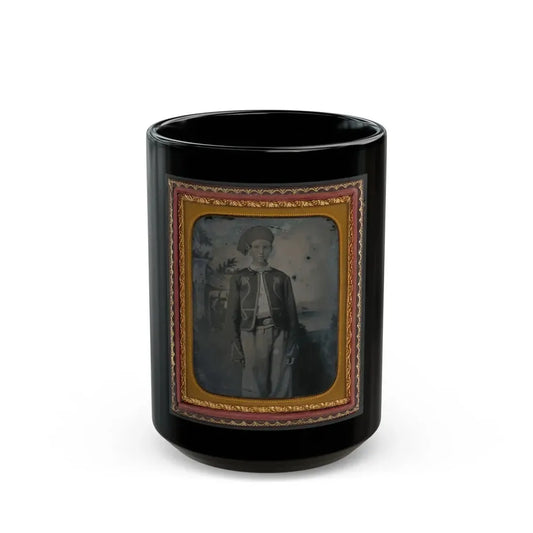 Unidentified Young Soldier In Union Zouave Uniform In Front Of Painted Backdrop Showing A Pavillion At The Edge Of A Lake (U.S. Civil War) Black Coffee Mug 15oz - Go Mug Yourself