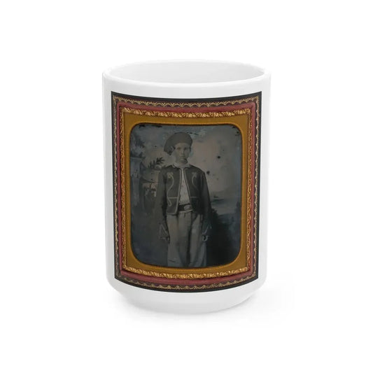 Unidentified Young Soldier In Union Zouave Uniform In Front Of Painted Backdrop Showing A Pavillion At The Edge Of A Lake (U.S. Civil War) White Coffee Mug 15oz - Go Mug Yourself