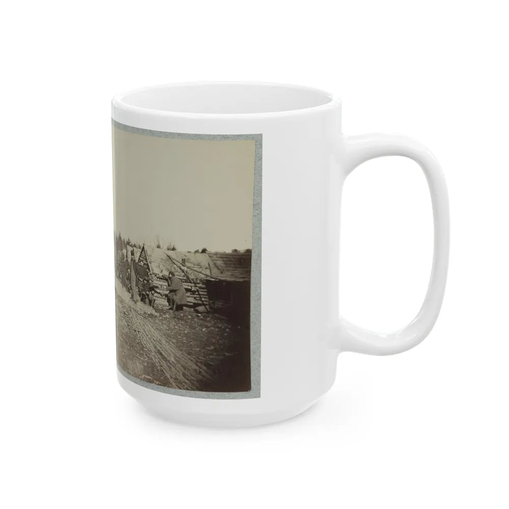 Union Soldiers, In Camp, Posed In Front Of Log Buildings 001 (U.S. Civil War) White Coffee Mug-Go Mug Yourself