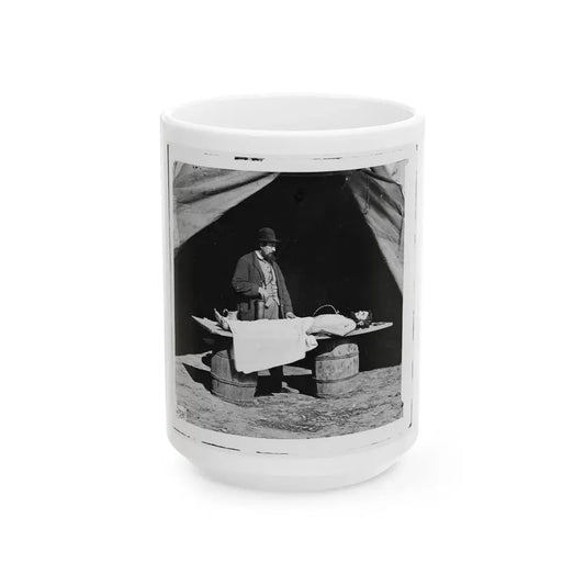 Unknown Location. Embalming Surgeon At Work On Soldier's Body (U.S. Civil War) White Coffee Mug 15oz - Go Mug Yourself