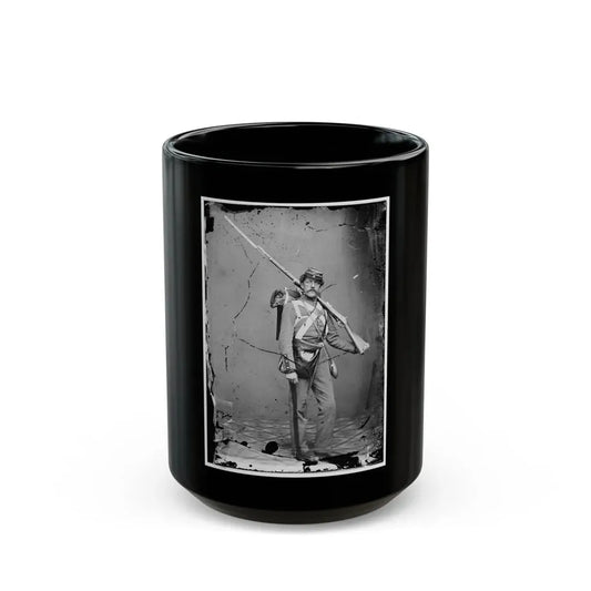 Unknown Location. Unidentified Union Volunteer With Shouldered Rifle And Bayonet In Photographer's Studio (U.S. Civil War) Black Coffee Mug 15oz - Go Mug Yourself